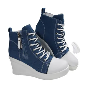 Trendy women's blue denim high-top wedge sneakers with stylish white platform sole
