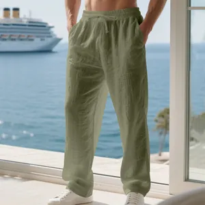 Men's loose sage green linen trousers with elastic drawstring waist for casual vacation