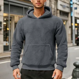 Ανδρικό γκρι χοντρό φούτερ με κουκούλα sherpa fleece, καθημερινό χειμερινό πουλόβερ