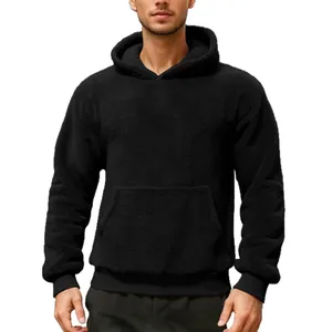 Ανδρική μαύρη κουκούλα από fleece Sherpa διπλής όψης με τσέπη καγκουρό για το χειμώνα