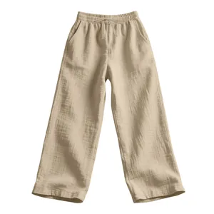 Minimalist beige men's loose linen gauze casual pants with drawstring elastic waist