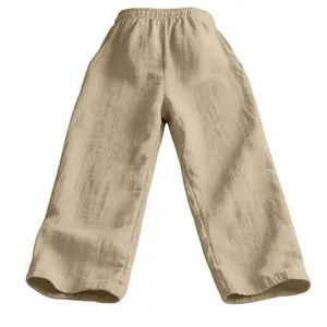 Detail of men's loose casual linen pants featuring elastic waistband and soft beige texture