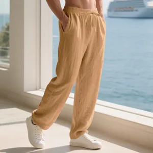 Men's loose fit linen casual drawstring pants in khaki for a relaxed beach look