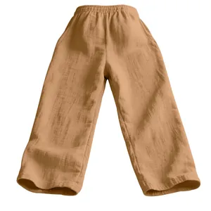 Men's casual loose linen trousers in tan color featuring breathable textured fabric
