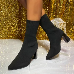 Stivali a Calza in Maglia da Donna con Tacco Largo Medio Punta Affusolata Elasticizzati al Polpaccio Scarpe Casual Eleganti Autunno Inverno Nero