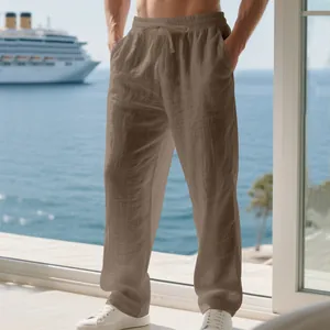 Men's loose linen casual trousers in brown color with breathable natural fabric texture