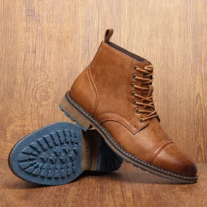 Men's Retro Martin Boots British Style Lace-up Work Boots PU Leather Non-slip Blue Sole Casual High Top Ankle Boots For Men