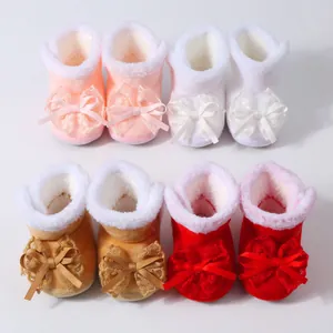 Baby-Mädchen Winter Warme Lauflernschuhe Weiche Sohle Rutschfest Kleinkinder-Schuhe Mit Schleife Und Spitze Für 0-1 Jahr