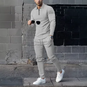 Men's waffle knit two-piece set with long sleeve zipper polo and matching joggers