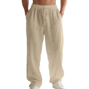 Stylish men's loose beige linen casual pants featuring a comfortable drawstring waist