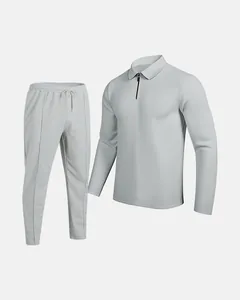Detailed view of grey waffle knit casual set with half-zip top and matching joggers