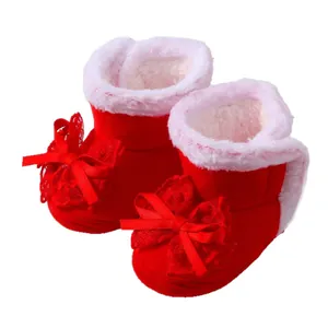 Warme rote Baby-Winterstiefel mit weicher Sohle, Kunstfellfutter und Schleife