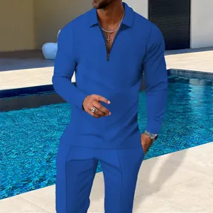 Men Casual Waffle Knit Set Quarter-Zip Lapel Long Sleeve Top And Long Pants Solid Color Two-Piece Sports Leisure Set