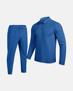 Men's blue waffle knit tracksuit set with zipper lapel top and drawstring joggers
