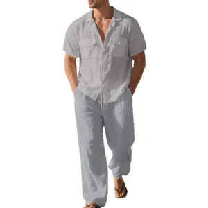 Elegante conjunto de playa casual de lino gris para hombre con camisa y pantalón largo