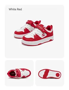 Detailansicht der rot-weißen Kinder-Sneaker mit Seiten-, Draufsicht- und Sohle