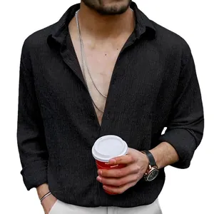 Camicia casual da uomo nera a maniche lunghe con particolare trama stropicciata