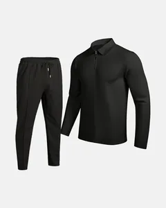 Mens black waffle knit tracksuit set featuring a quarter-zip polo and drawstring pants