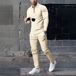 Men's waffle knit track suit with long sleeve zipper polo and matching trousers set
