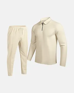 Men's waffle knit two-piece casual set with quarter-zip polo top and drawstring joggers