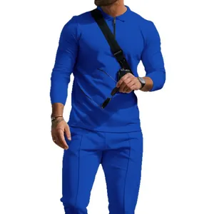 Men's waffle knit long sleeve polo and pants two-piece casual set in solid royal blue