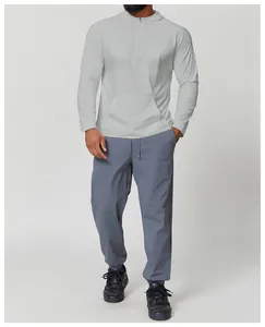 Detail view of men's hooded quick-dry sun protection T-shirt for outdoor hiking
