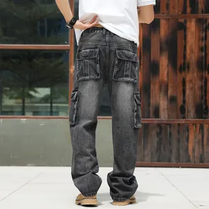 Back view of men's loose cargo denim pants featuring functional multi-pockets
