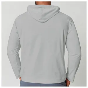 Back view of men's grey hooded sun protection quick-dry outdoor athletic T-shirt