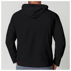 Back view of men's black quick-dry hooded long sleeve t-shirt for outdoor sports