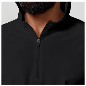 Close-up detail of quarter-zip collar on men's quick-dry hooded sun protection T-shirt.