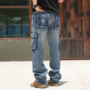 Back view of men's loose wide-leg cargo denim jeans with multiple utility pockets.