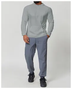 Men's grey hooded long-sleeve quick-dry sports t-shirt with quarter-zip and pocket
