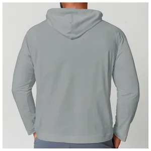 Detailed back view of men's light grey quick-dry sun protection hooded shirt for hiking.