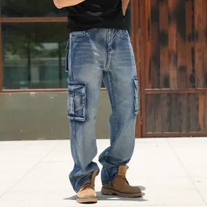 Detailed full view of men's loose blue cargo denim pants with stylish multi-pockets