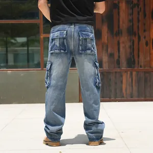 Back view of men's loose cargo denim jeans showing multiple functional pockets