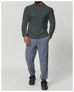 Professional men's dark grey hooded long sleeve sports shirt with blue joggers set