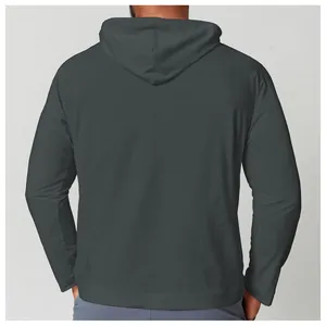 Back view of men's dark grey hooded quick-dry long sleeve sun protection T-shirt.
