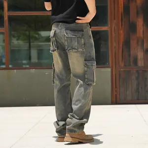 Back view detail of men's loose fit cargo jeans with multi-pocket design