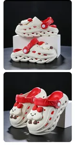 Detailed views of white and red children's clogs featuring a cute cartoon charm on top