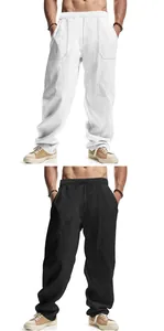 Comparison view of men's loose linen casual pants in classic black and white colors