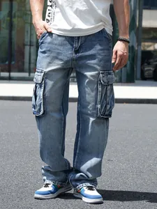 Men's blue wide-leg cargo jeans with multiple pockets, loose fit street style denim pants.