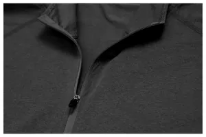 Close-up detail of the durable zipper and fine fabric texture on men's sports t-shirt.