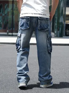 Detailed rear view of men's loose fit denim cargo pants featuring large functional back pockets