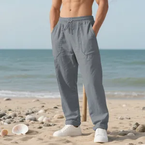 Men's Casual Linen Beach Pants Loose Fit Straight Leg Breathable Drawstring Elastic Waist Trousers with Pockets Solid Color Fashion