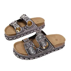 Sandalias de plataforma bohemias con pedrería brillante, suela de yute y corcho