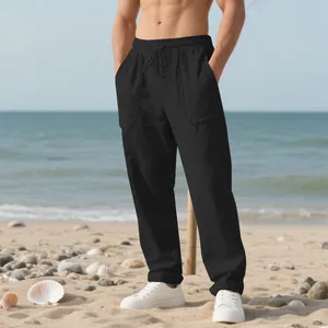 Men's loose black linen beach pants with drawstring waist for casual summer wear
