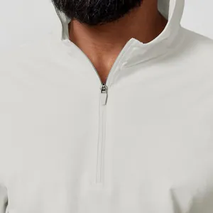 Close-up view of men's white quarter-zip hooded quick-dry sports sun protection shirt