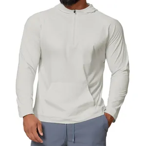 Men's light grey quarter-zip hooded sun protection t-shirt for outdoor hiking and fishing