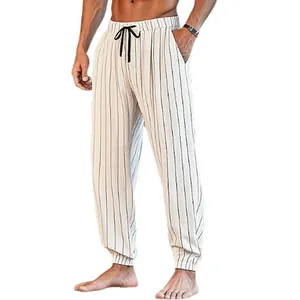 Men's casual striped linen trousers with drawstring waist and jogger cuffs in white.