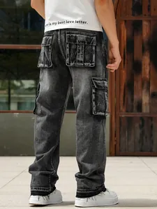 Detailed back view of mens washed black cargo jeans with multi-pockets and loose fit.